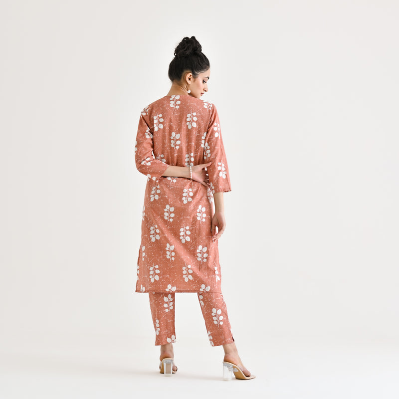 Brown Buta Printed Cotton Co-ord Set with Embroidered Neckline Detail