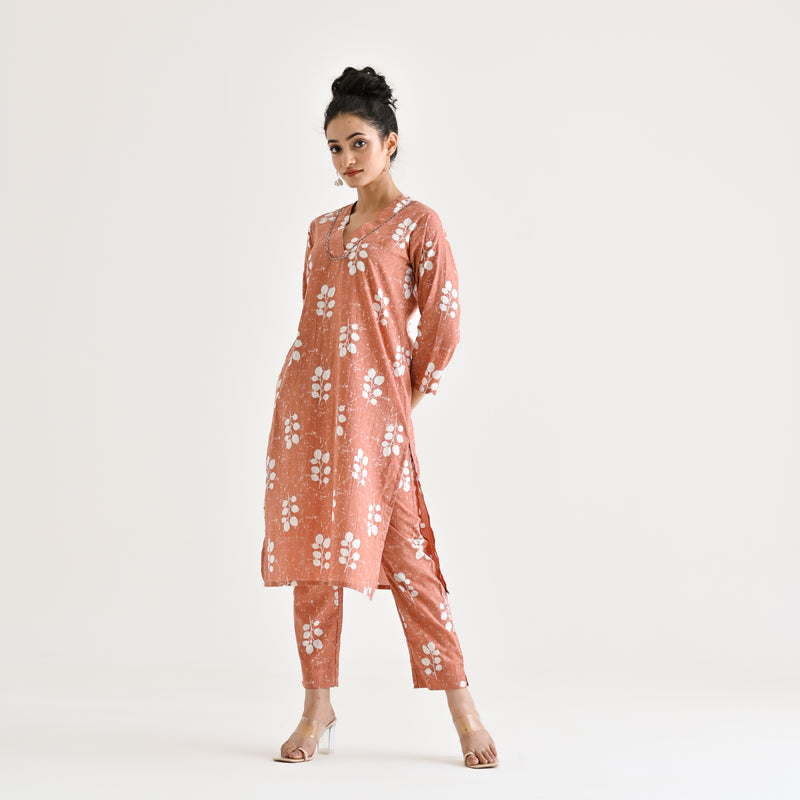 Brown Buta Printed Cotton Co-ord Set with Embroidered Neckline Detail