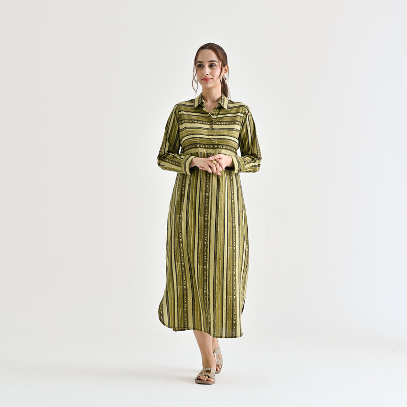 Olive Sanganeri Printed Cotton Kurta Dress