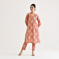 Brown Buta Printed Cotton Co-ord Set with Embroidered Neckline Detail