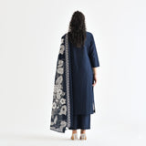Navy Blue Floral Printed Cotton Kurta Pant Dupatta Set with Embroidered Neckline