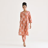 Brown Buta Printed Cotton Co-ord Set with Embroidered Neckline Detail