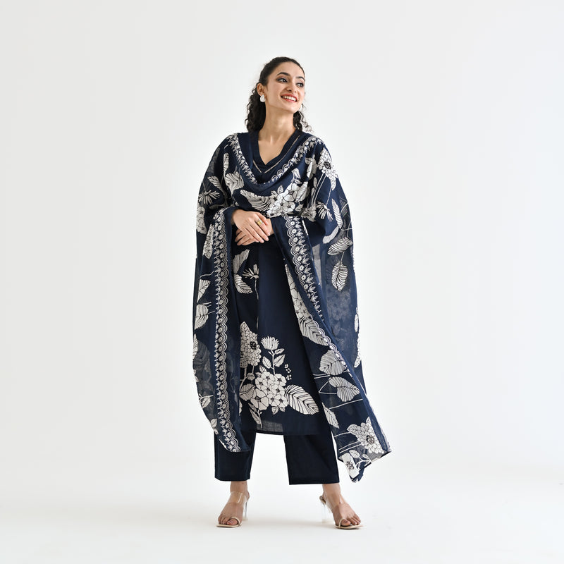 Navy Blue Floral Printed Cotton Kurta Pant Dupatta Set with Embroidered Neckline