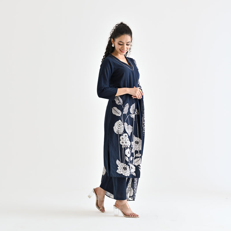 Navy Blue Floral Printed Cotton Kurta Pant Dupatta Set with Embroidered Neckline