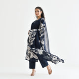 Navy Blue Floral Printed Cotton Kurta Pant Dupatta Set with Embroidered Neckline