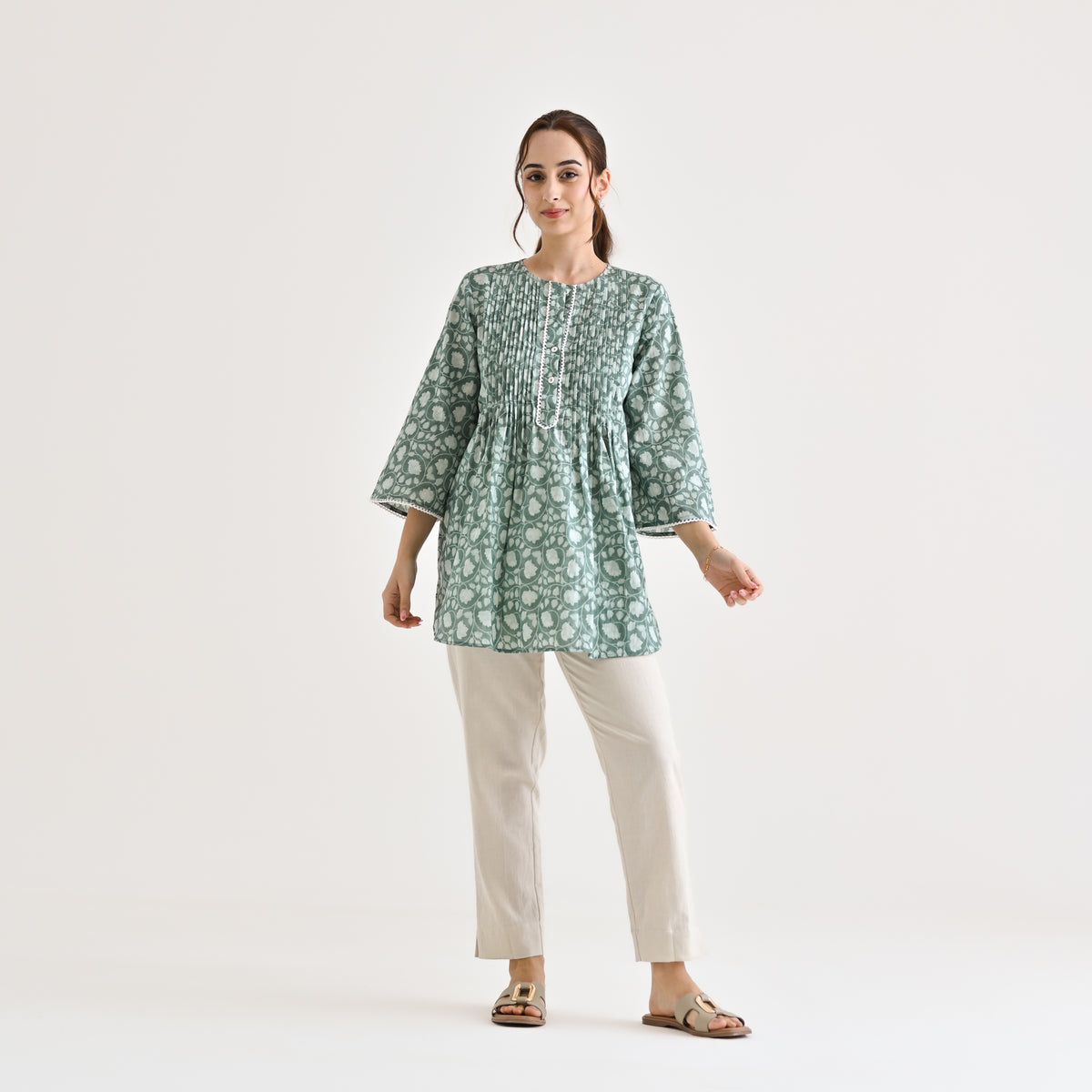 Dusty Blue Sanganeri Printed Cotton Tunic with Pintuck & Lace Details