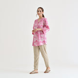 Baby Pink Abstract Printed Sanganeri Cotton Tunic with Pintuck Neckline Detail