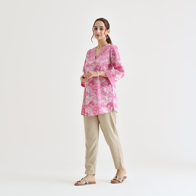 Baby Pink Abstract Printed Sanganeri Cotton Tunic with Pintuck Neckline Detail
