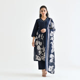 Navy Blue Floral Printed Cotton Kurta Pant Dupatta Set with Embroidered Neckline