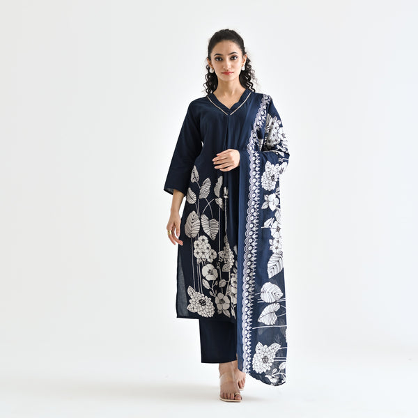 Navy Blue Floral Printed Cotton Kurta Pant Dupatta Set with Embroidered Neckline