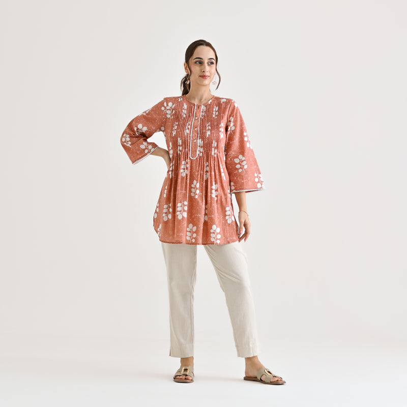 Brown Sanganeri Buta Printed Cotton Tunic with Pintuck & Lace Details
