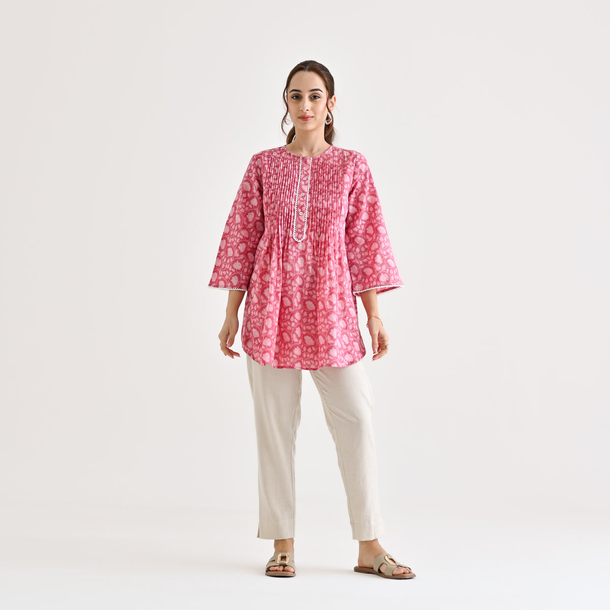 Dusty Pink Sanganeri Printed Cotton Tunic with Pintuck & Lace Details