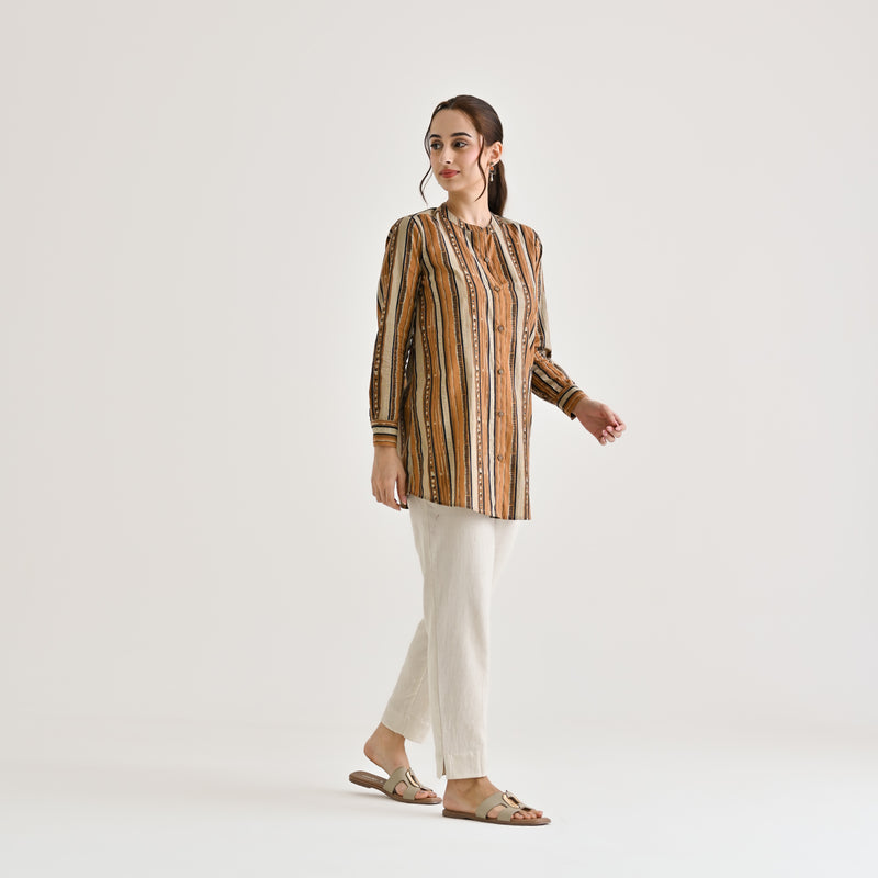Brown Striped Sanganeri Button Down Cotton Tunic