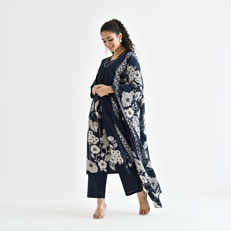 Navy Blue Floral Printed Cotton Kurta Pant Dupatta Set with Embroidered Neckline