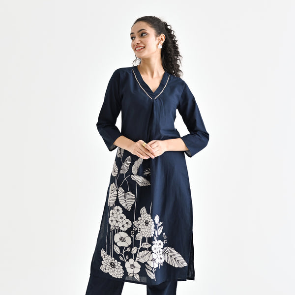 Navy Blue Floral Printed Cotton Kurta with Embroidered Neckline Detail