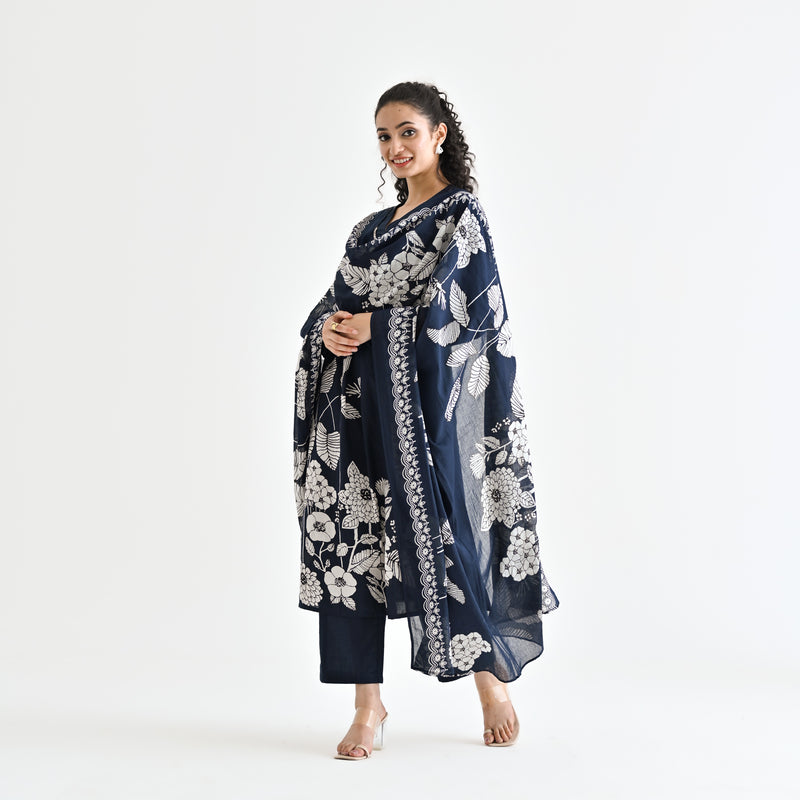 Navy Blue Floral Printed Cotton Kurta Pant Dupatta Set with Embroidered Neckline