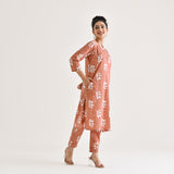 Brown Buta Printed Cotton Co-ord Set with Embroidered Neckline Detail