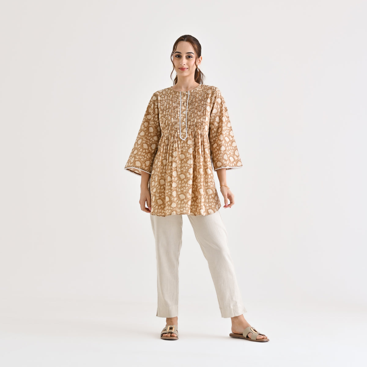 Brown Sanganeri Cotton Printed Tunic with Pintuck & Lace Details