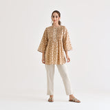Brown Sanganeri Cotton Printed Tunic with Pintuck & Lace Details