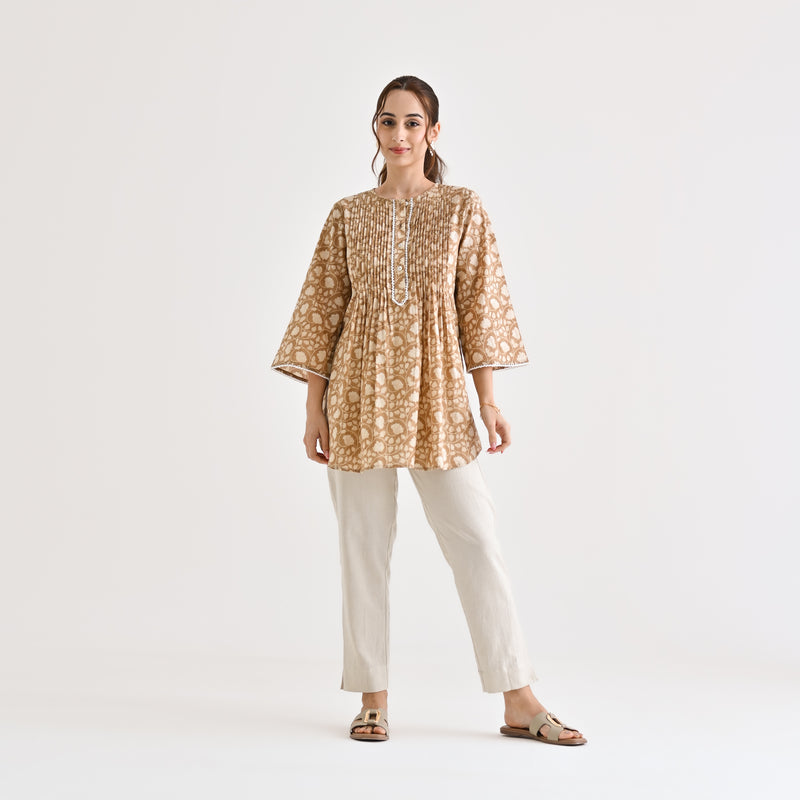 Brown Sanganeri Cotton Printed Tunic with Pintuck & Lace Details
