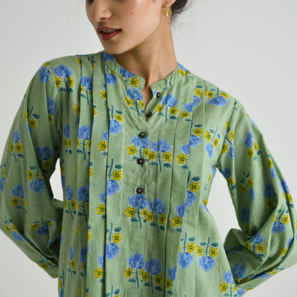 Mint Floral Printed Tunic with Pintuck & Button Details