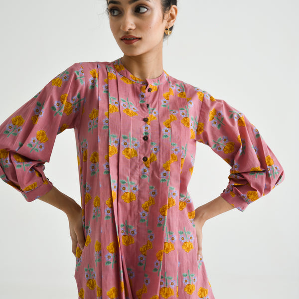 Dusty Pink Floral Printed Tunic with Pintuck & Button Details