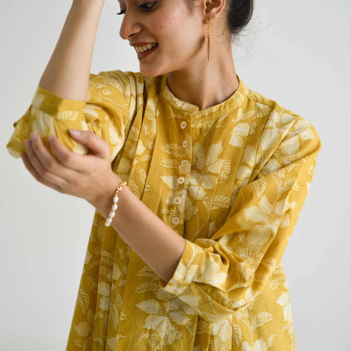 Mango Yellow Breezy Sanganeri Floral Cotton Tunic with Pintuck Detail