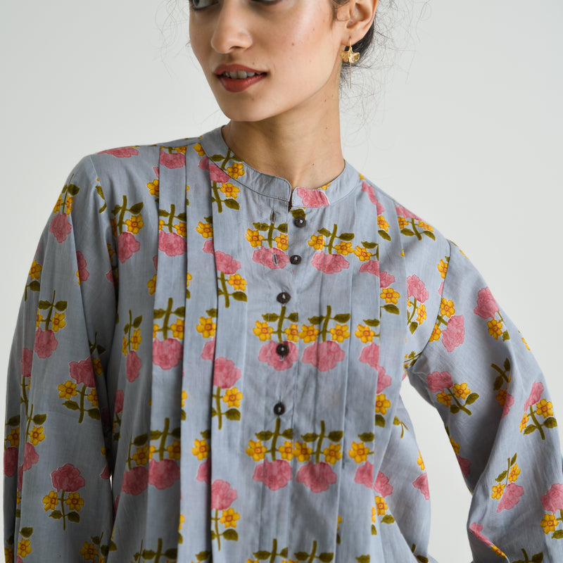 Dusty Blue Floral Printed Cotton Tunic with Pintuck & Button Details