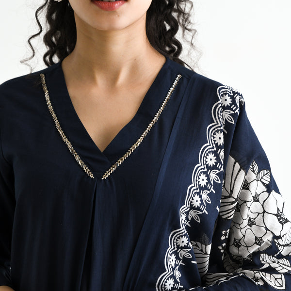 Navy Blue Floral Printed Cotton Kurta Pant Dupatta Set with Embroidered Neckline