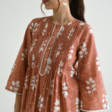 Brown Sanganeri Buta Printed Cotton Tunic with Pintuck & Lace Details