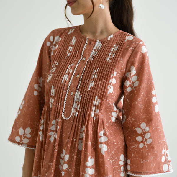 Brown Sanganeri Buta Printed Cotton Tunic with Pintuck & Lace Details