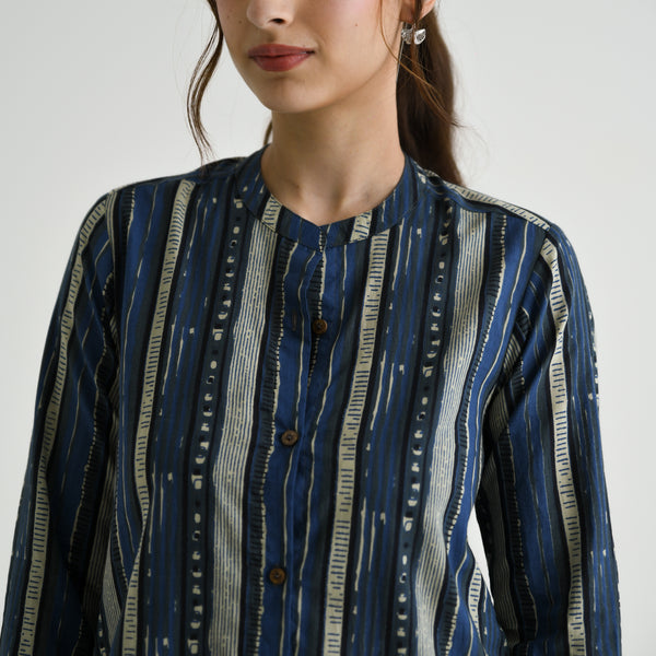 Indigo Striped Sanganeri Button Down Cotton Tunic