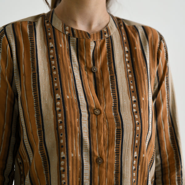 Brown Striped Sanganeri Button Down Cotton Tunic