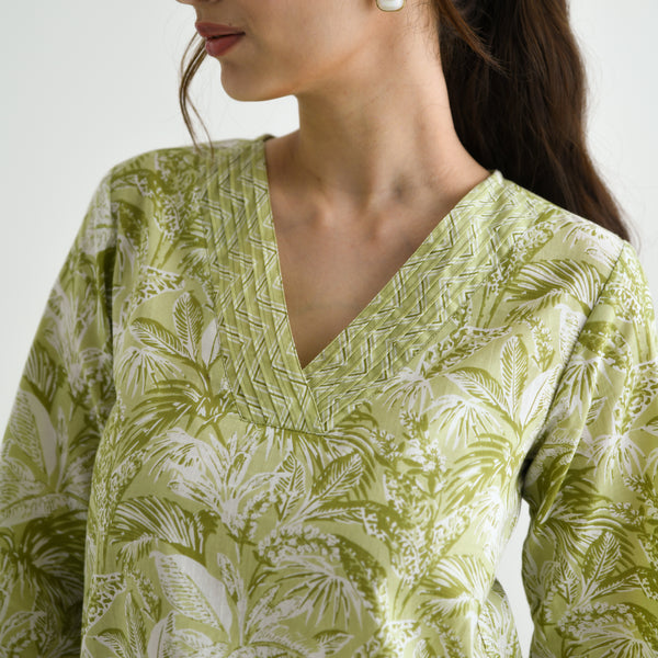 Lemon Green Abstract Printed Sanganeri Cotton Tunic with Pintuck Neckline Detail