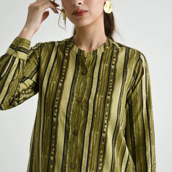 Olive Striped Sanganeri Button Down Cotton Tunic