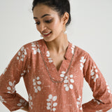 Brown Buta Printed Cotton Co-ord Set with Embroidered Neckline Detail