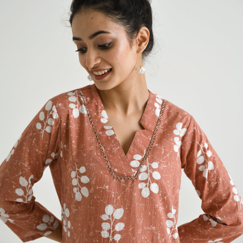 Brown Buta Printed Cotton Co-ord Set with Embroidered Neckline Detail
