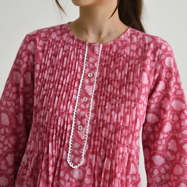 Dusty Pink Sanganeri Printed Cotton Tunic with Pintuck & Lace Details