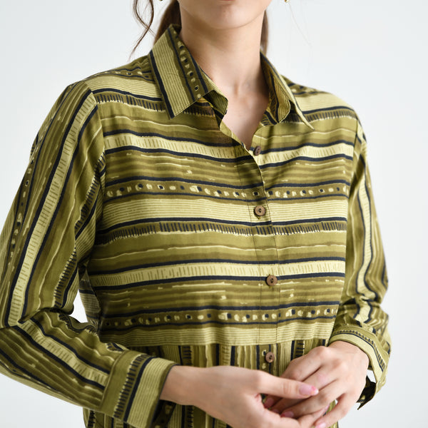 Olive Sanganeri Printed Cotton Kurta Dress