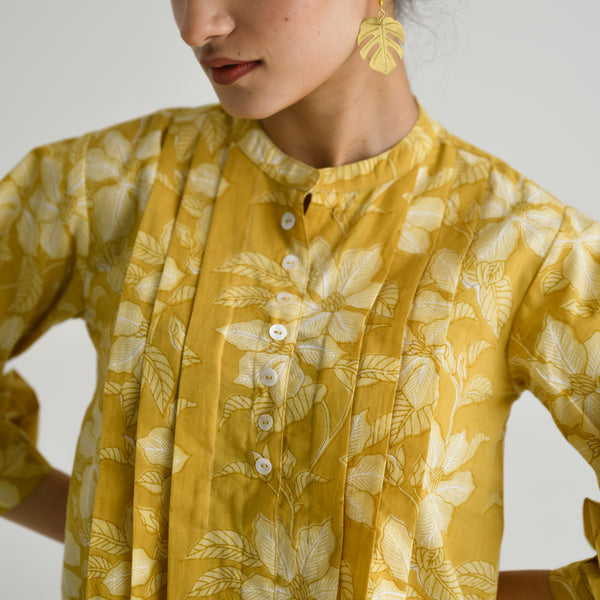 Mango Yellow Breezy Sanganeri Floral Tunic with Pintuck Detail