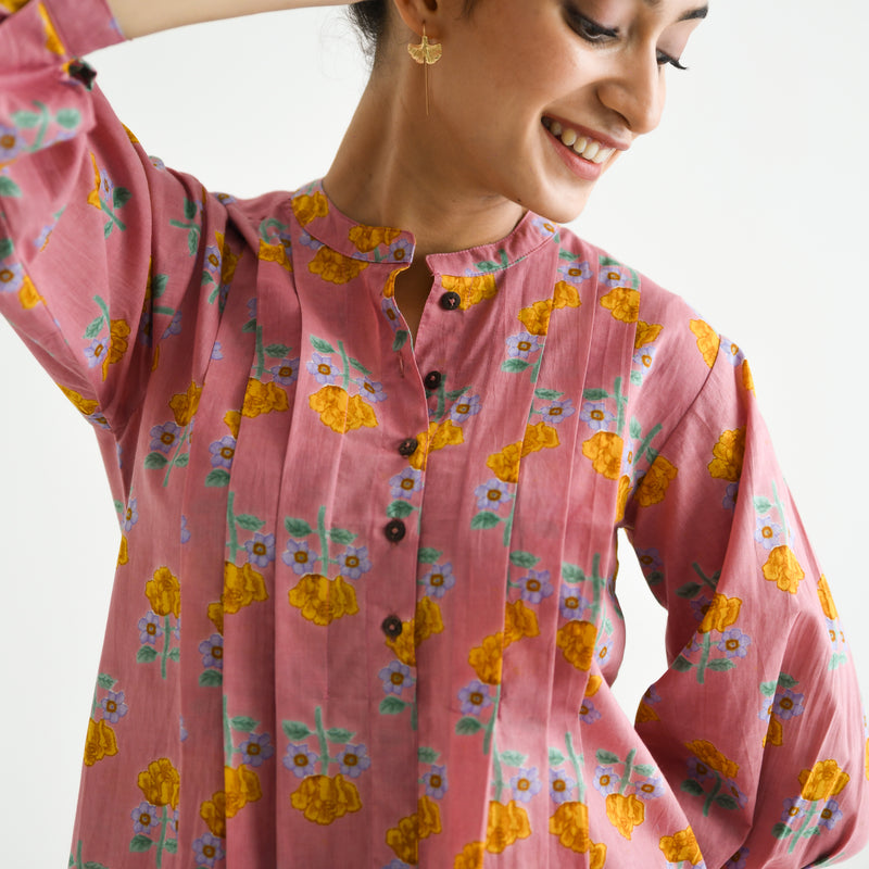 Dusty Pink Floral Printed Cotton Tunic with Pintuck & Button Details