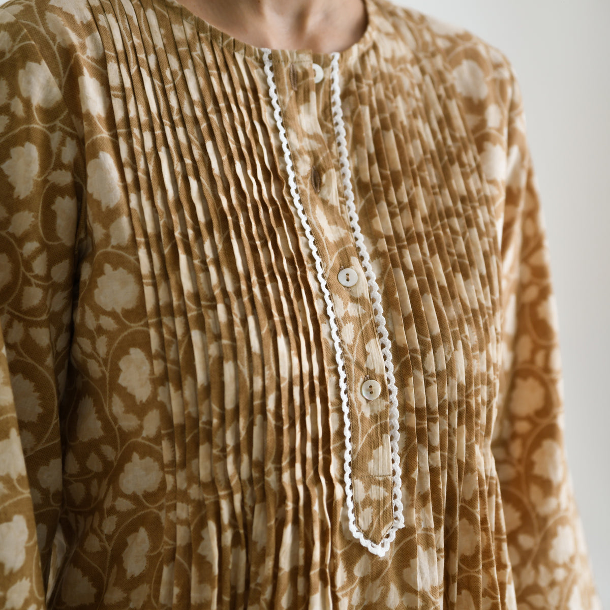 Brown Sanganeri Cotton Printed Tunic with Pintuck & Lace Details