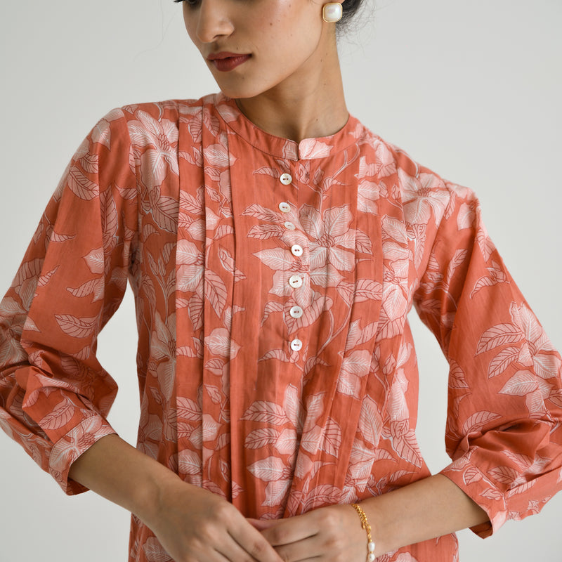 Peach Breezy Sanganeri Floral Cotton Tunic with Pintuck Detail