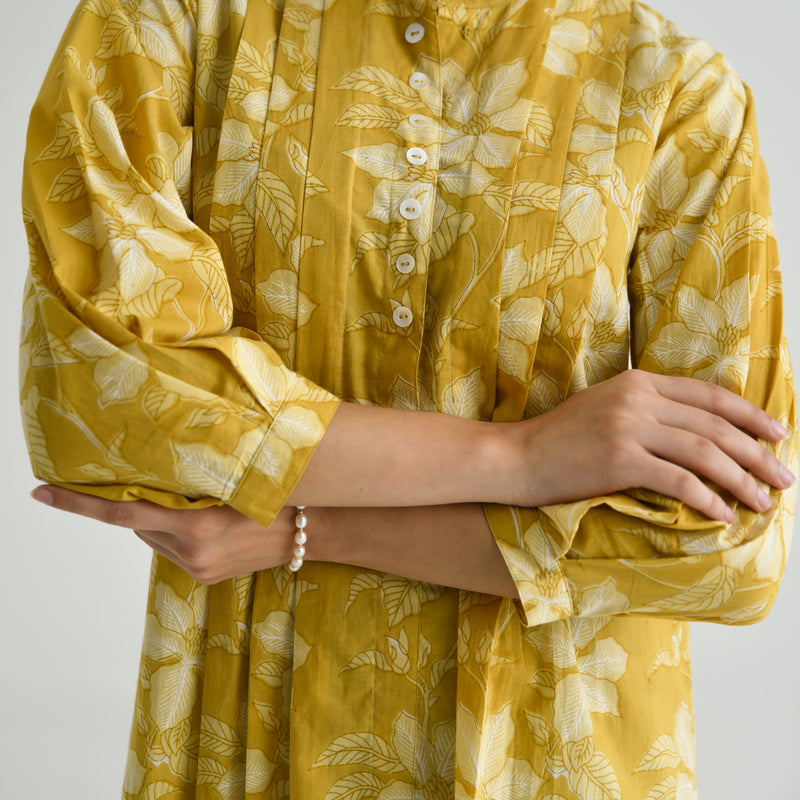 Mango Yellow Breezy Sanganeri Floral Cotton Tunic with Pintuck Detail