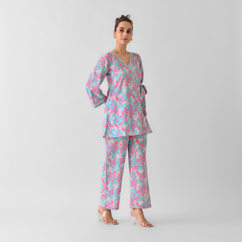 Sky Blue Leaf Angrakha Cotton Co-ord Set