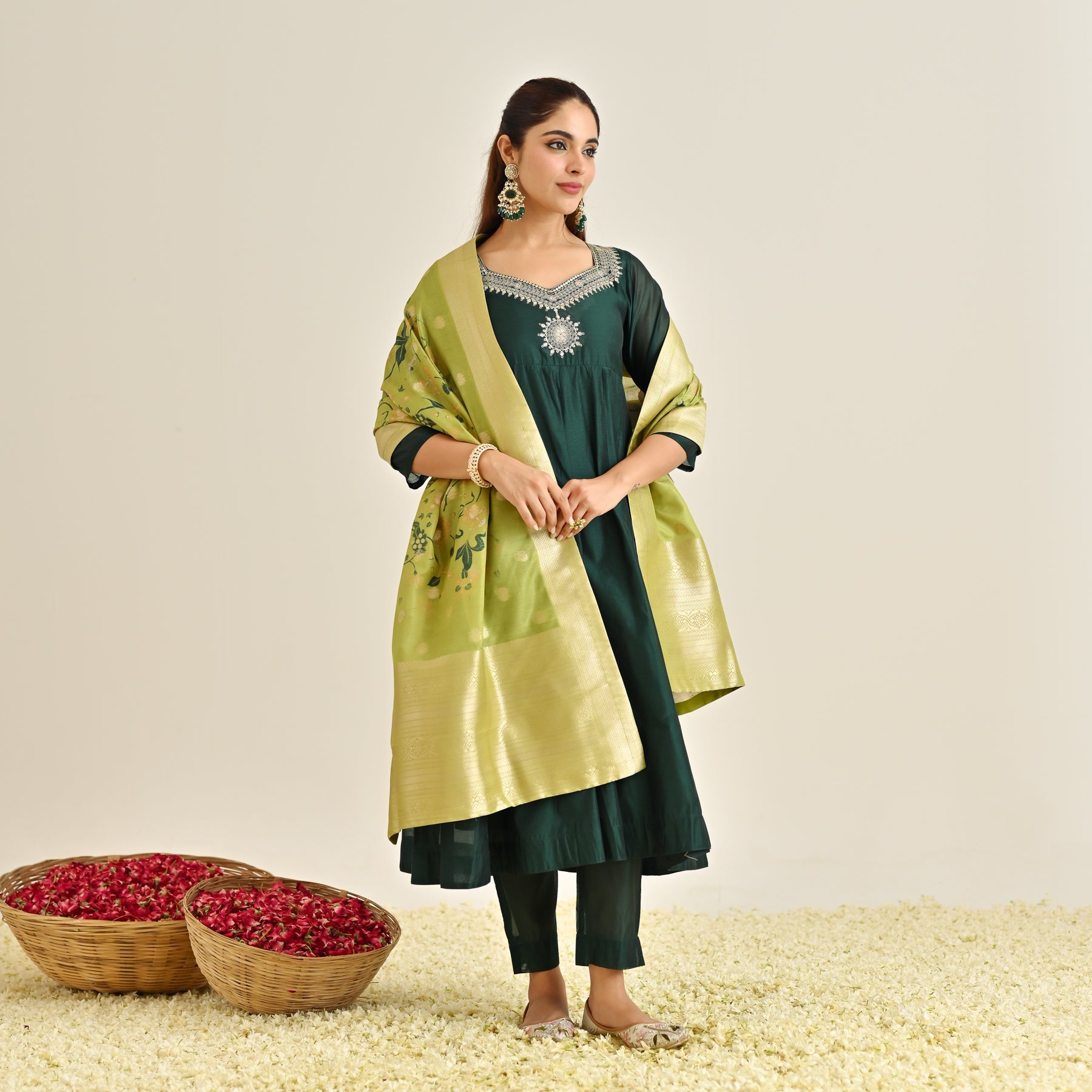 Buy Emerald Green Festive Anarkali Set with Brocade Dupatta