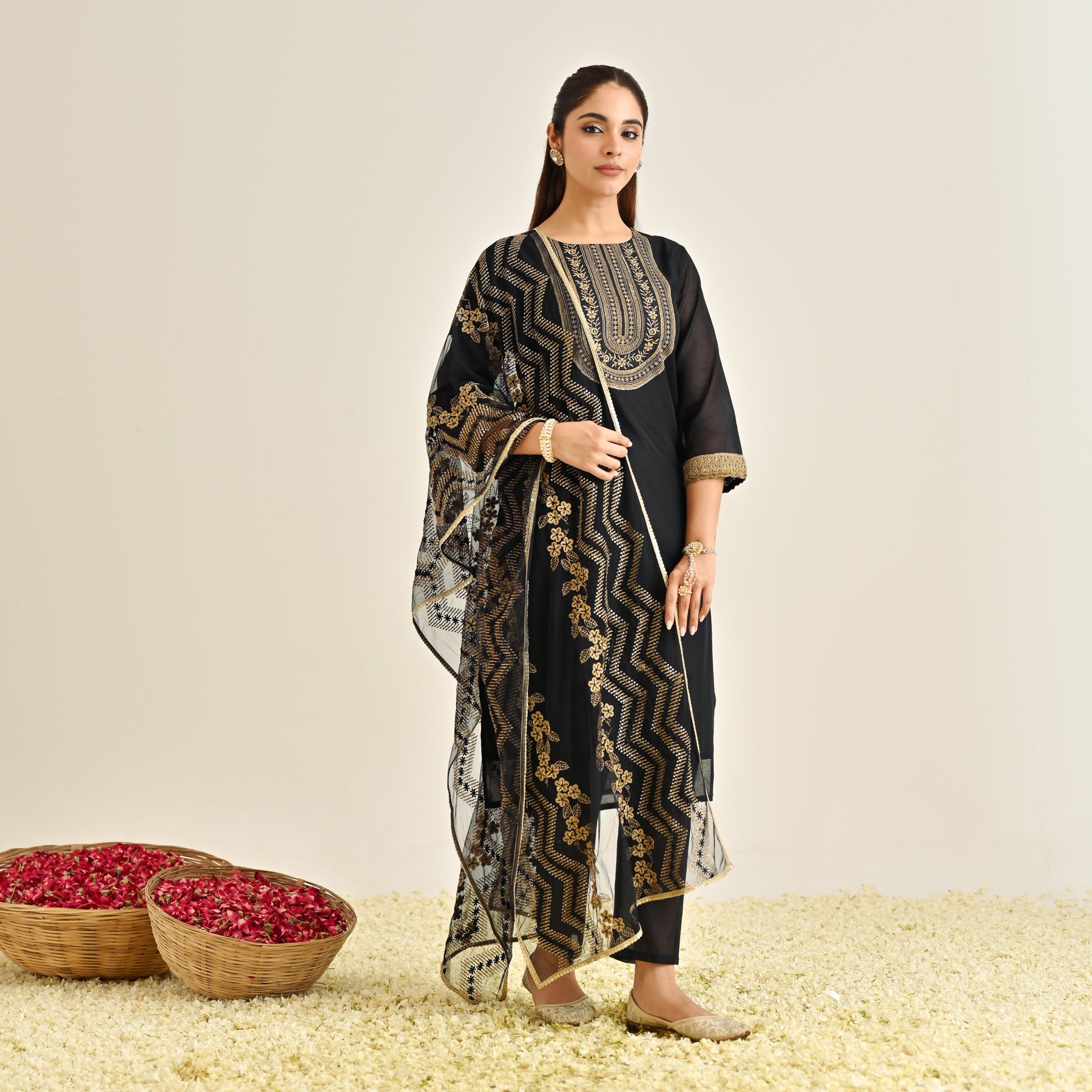 Buy Black Festive Embroidered Kurta Set with Embroidered Dupatta & Yoke De | Rustorange Buy Black Festive Embroidered Kurta Set with Embroidered Dupatta & Yoke De | Rustorange