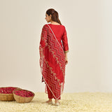 Red Festive Embroidered Kurta Set with Embroidered Dupatta & Yoke Detail
