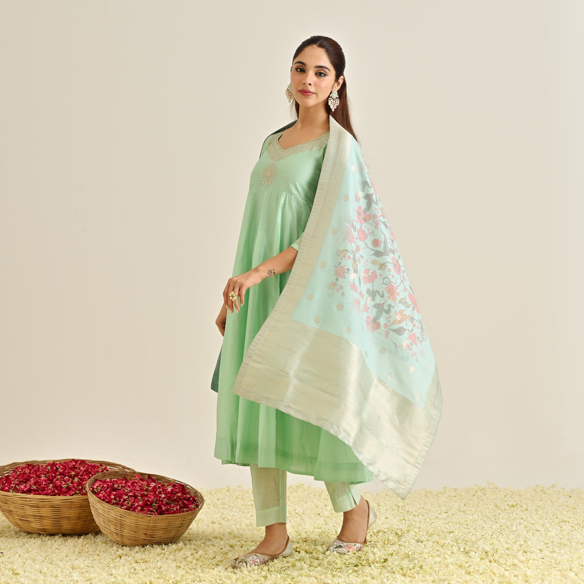 Mint Festive Anarkali Set with Brocade Dupatta
