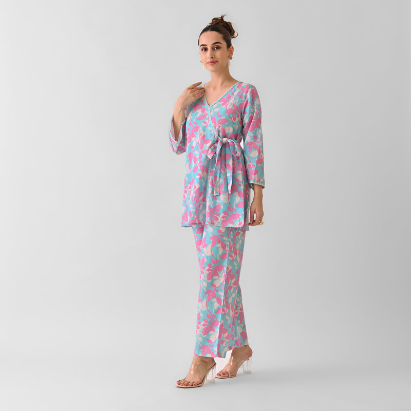 Sky Blue Leaf Angrakha Cotton Co-ord Set